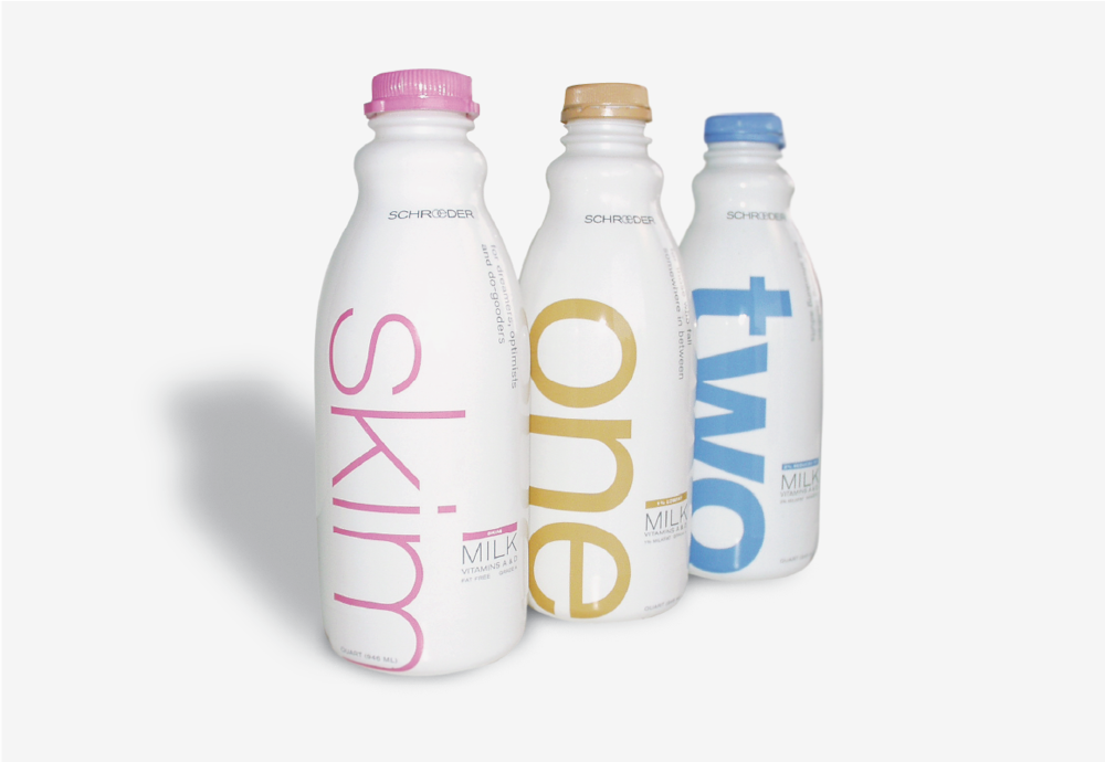 Three Schroeder milk bottle designs with unique graphics for skim, one percent and two percent.