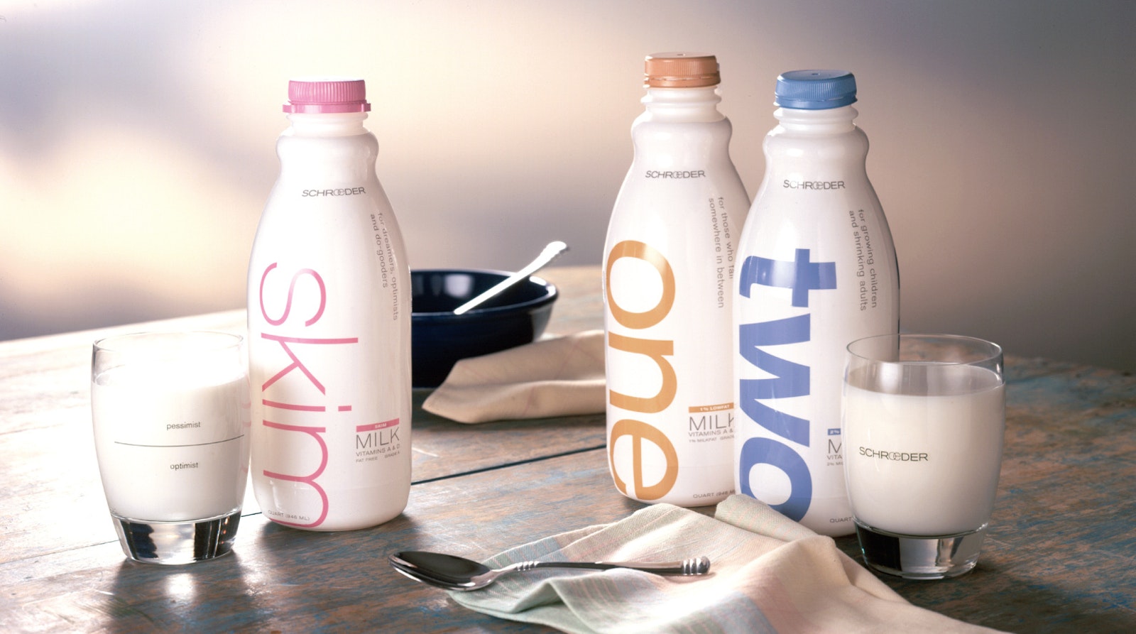Promotional Schroeder milk bottle and product photography with three milk flavor designs and branding.