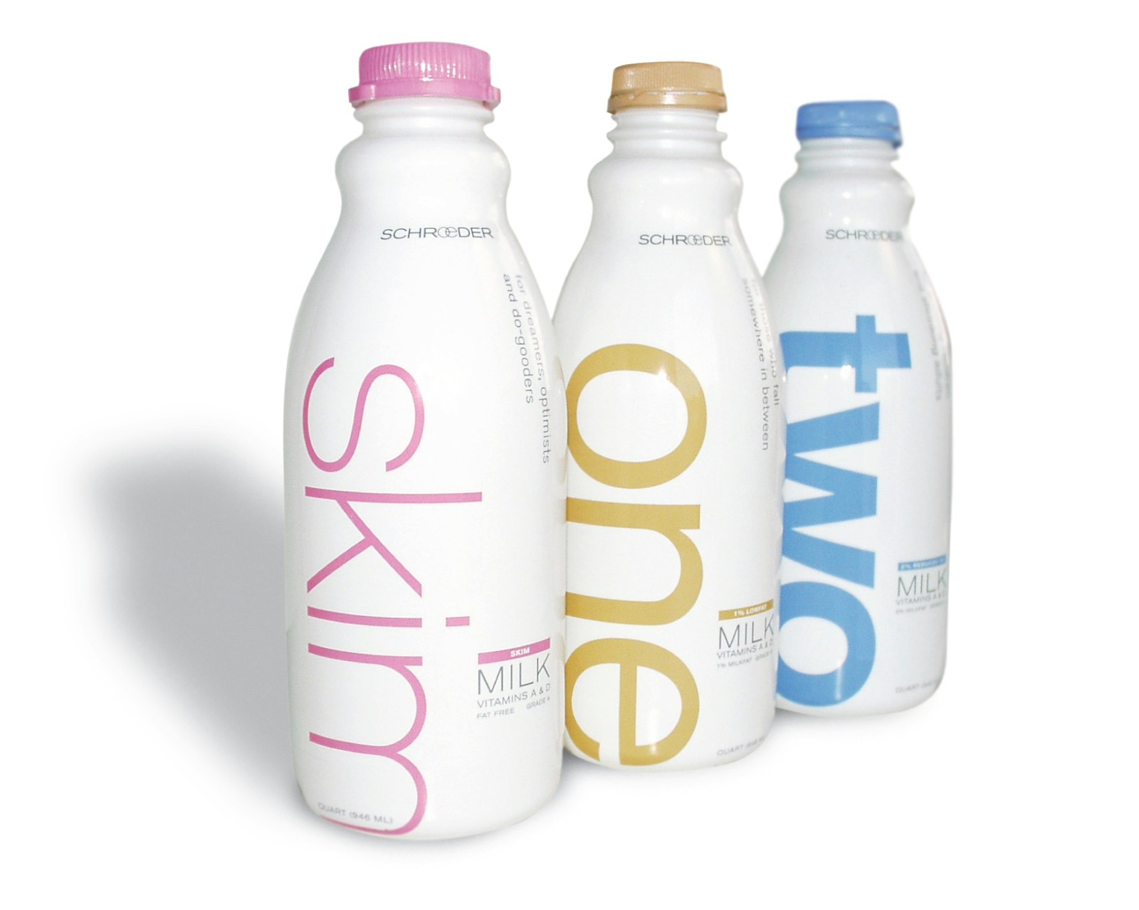 Schroeder milk graphic system design for three product bottles.