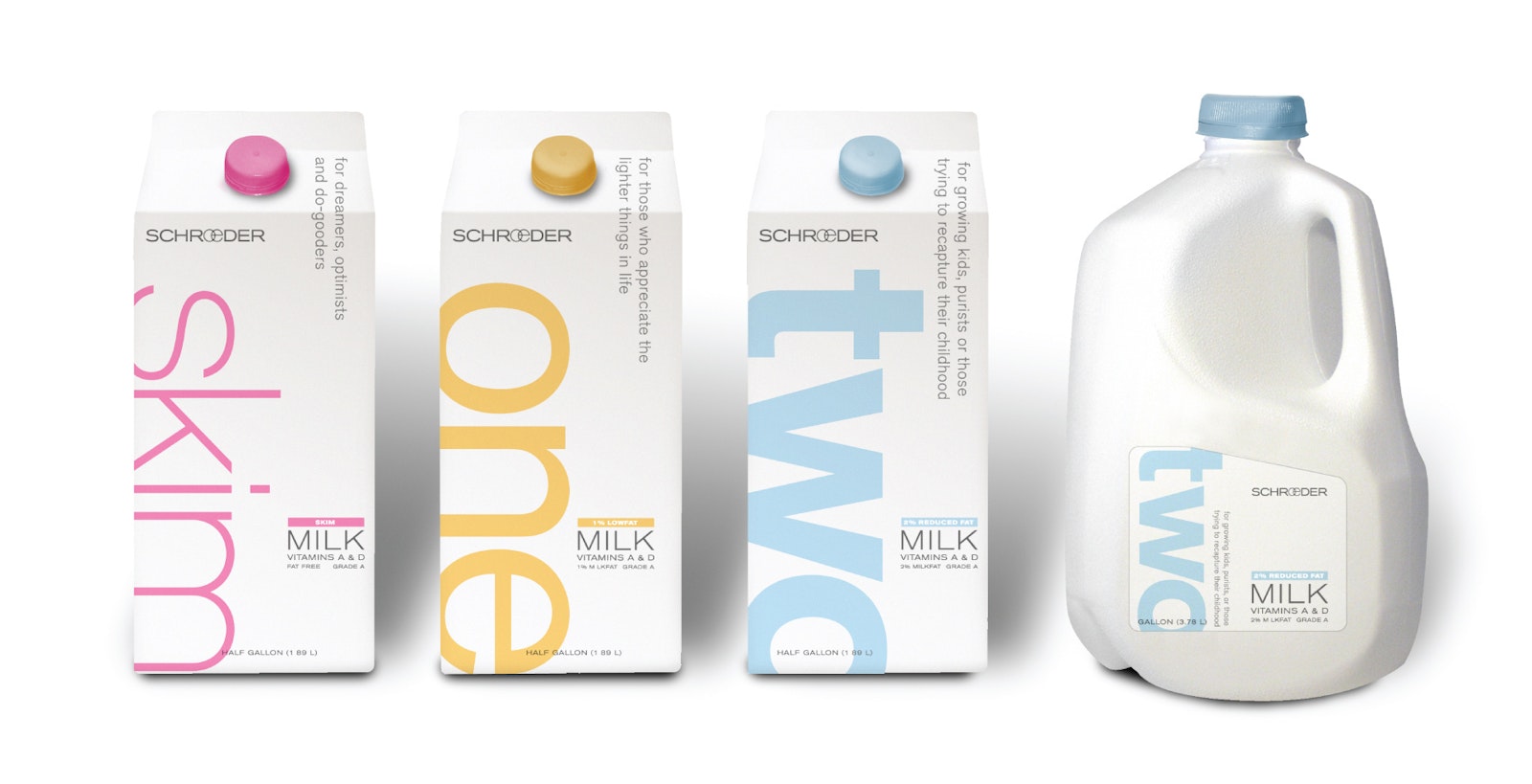 Schroeder milk carton packaging design for three flavors and milk jug design.