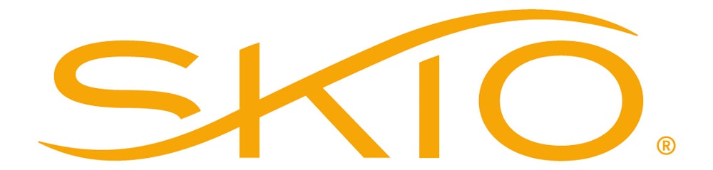 Skio logo design in orange on a white background.