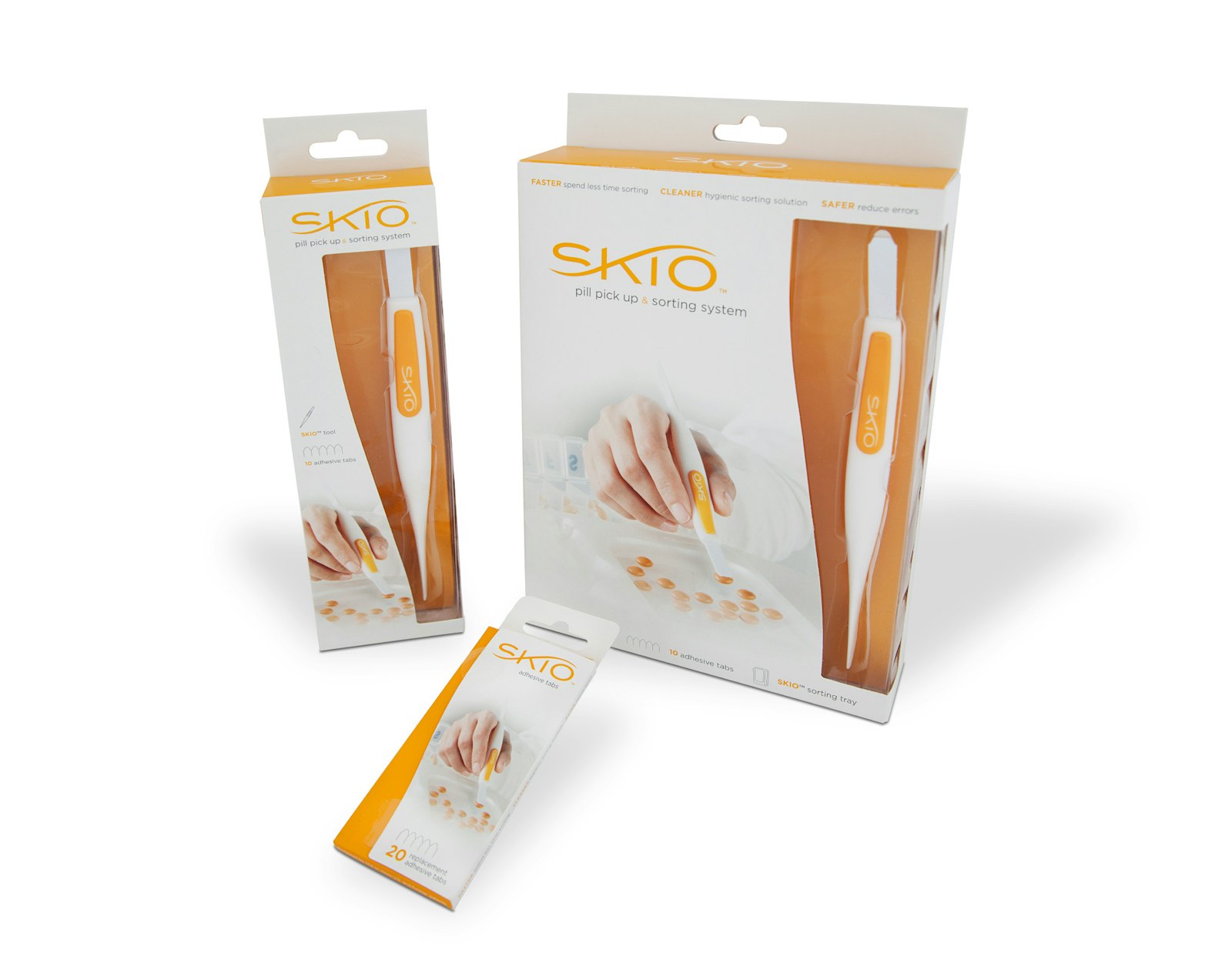 Three Skio pill pick up designed packages with branding and product showcased.