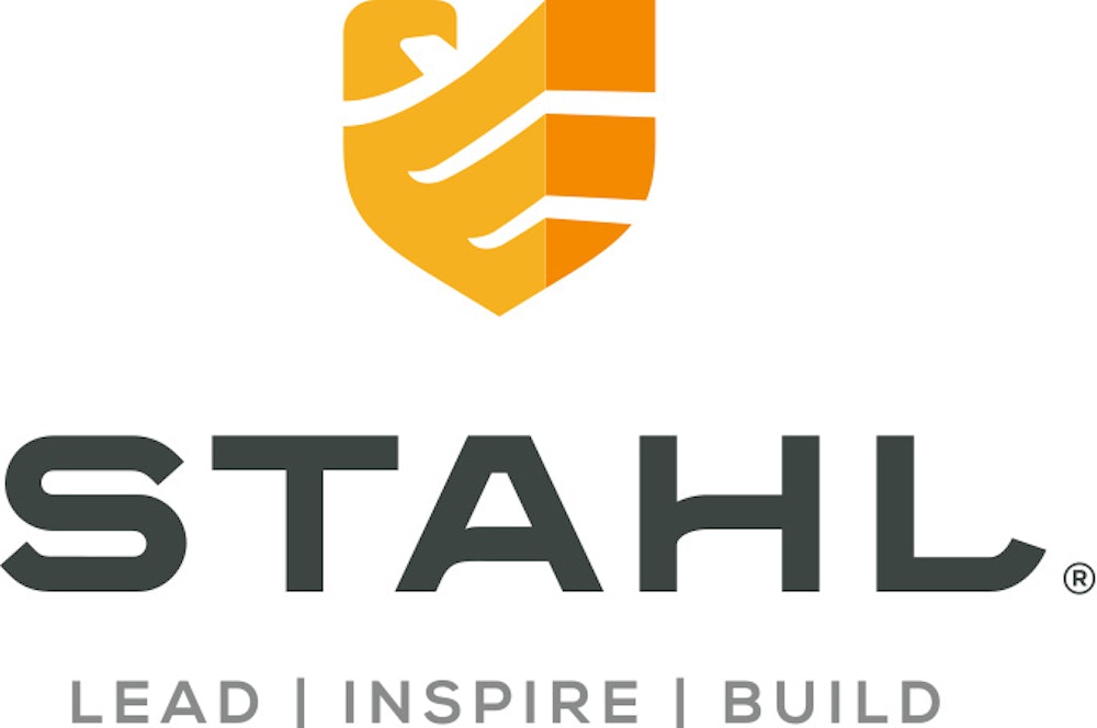The Stahl Construction brand logo design icon of orange shield on white background.