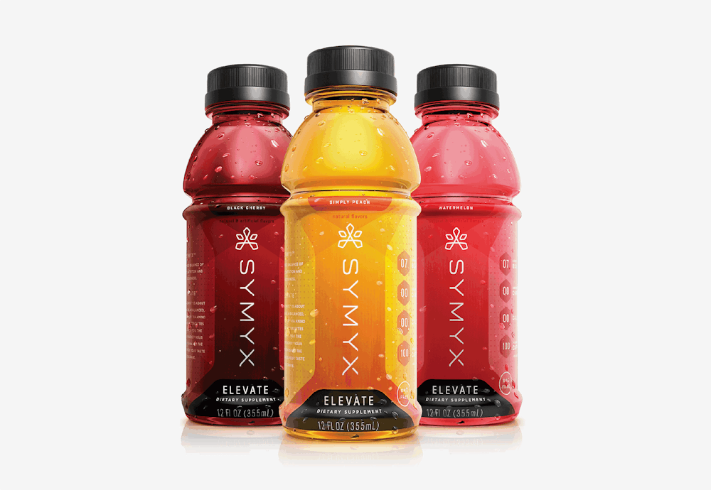 Three Symyx health beverage bottles, designed and branded with three flavors.