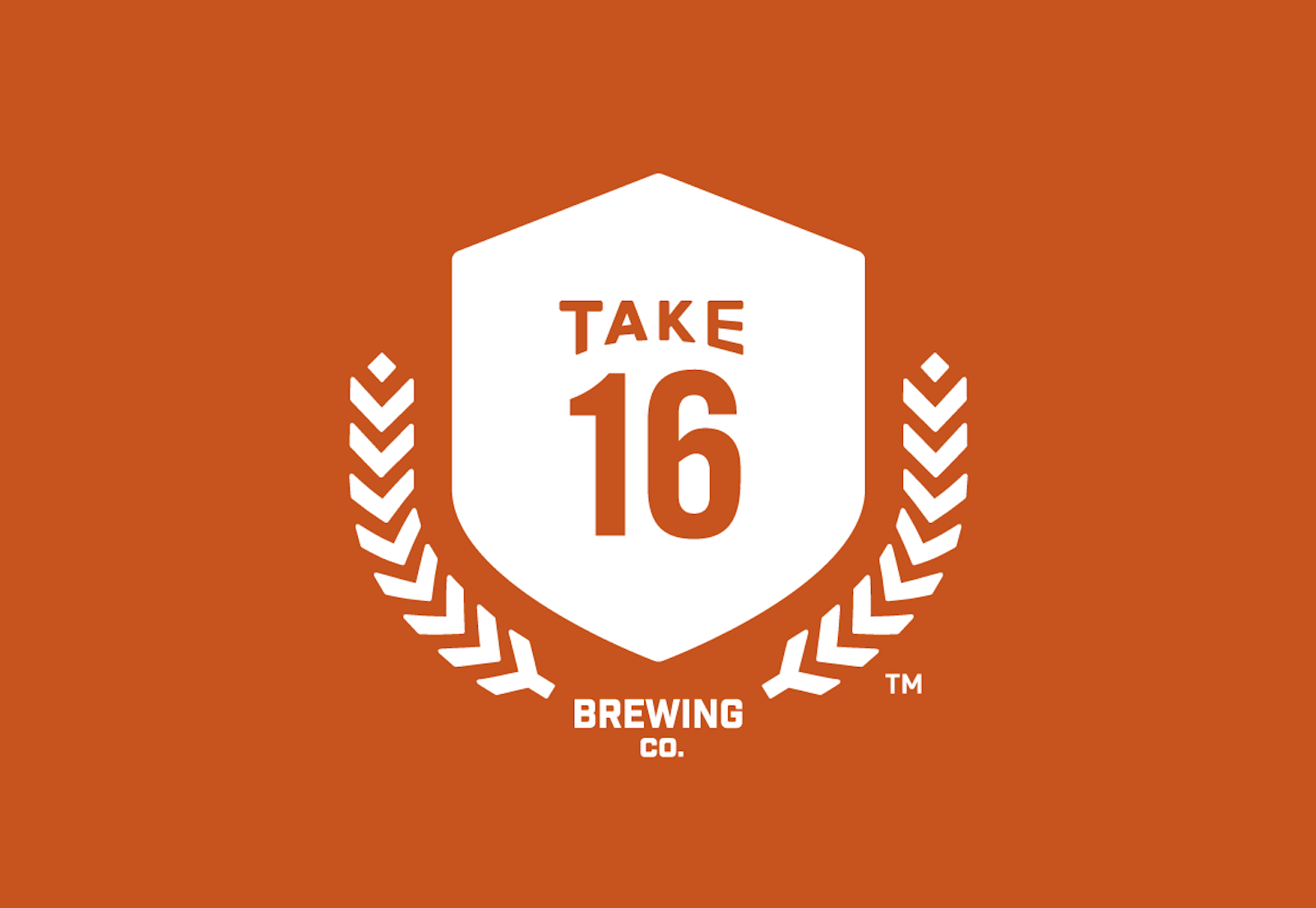 The Take16 Brewery logo design in white on an orange background.