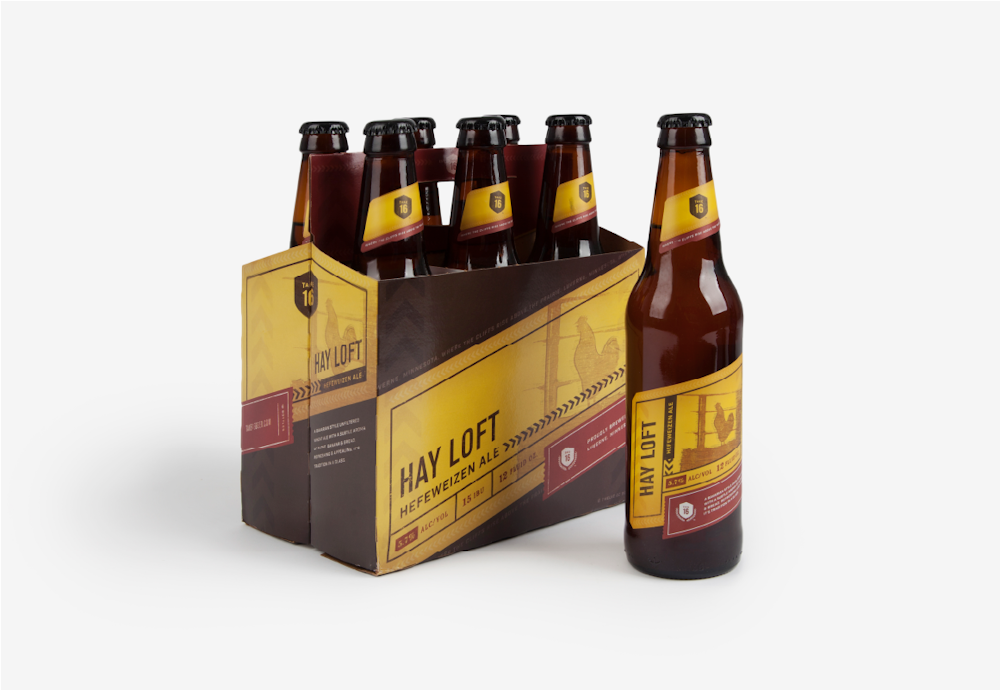 A Take16 Brewery's beer bottle label design and six-pack package design.