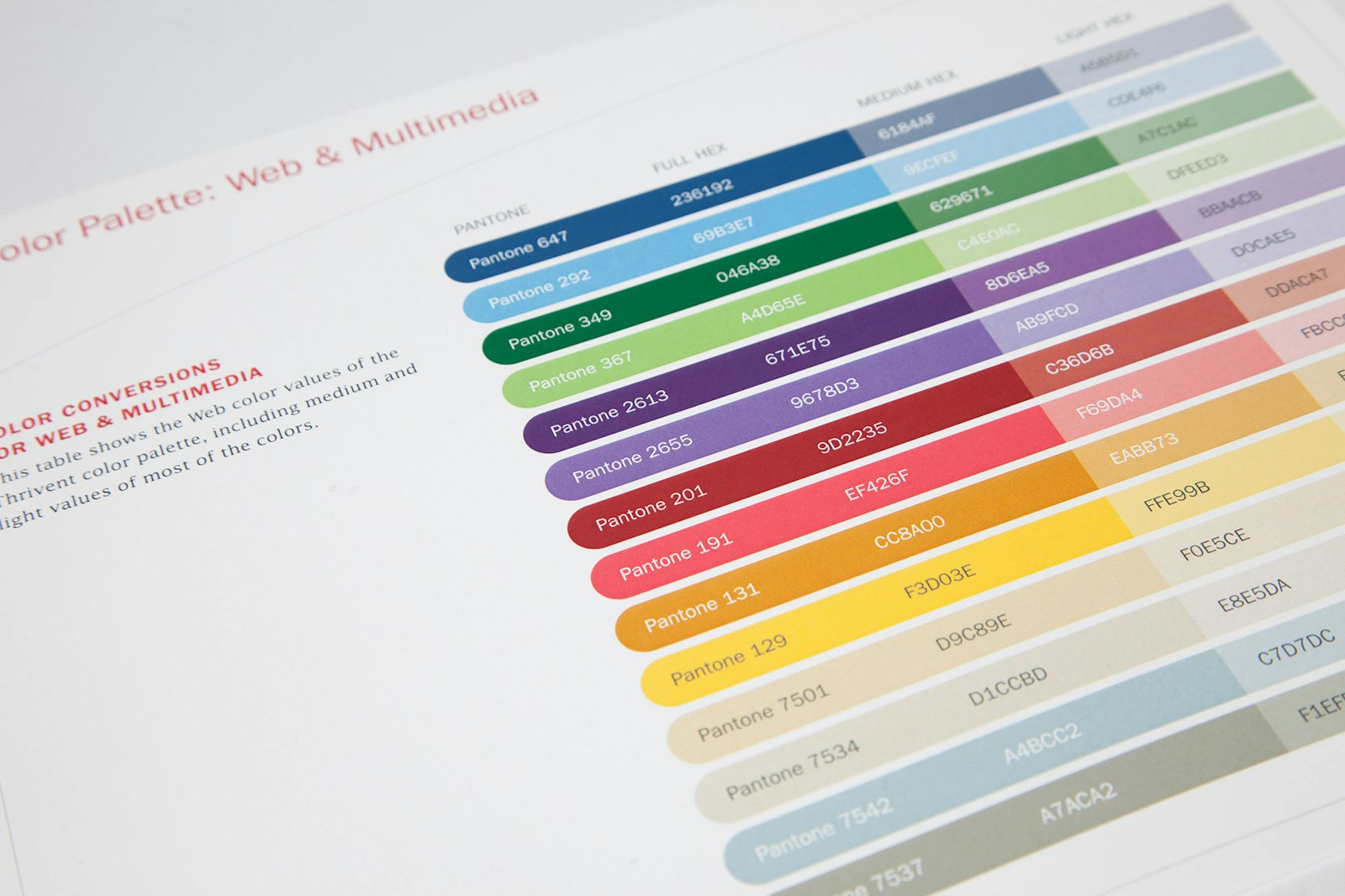 Interior pages of brand guidelines for Thrivent Financial showing the color palette standards.