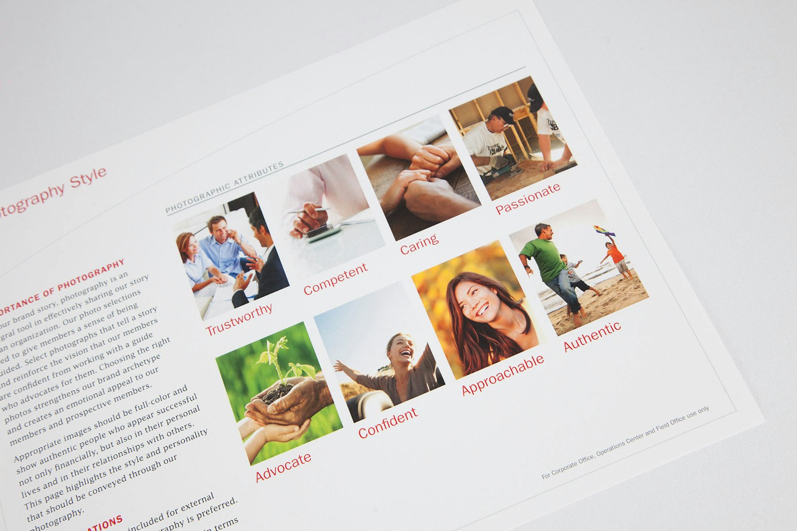Interior pages of brand guidelines for Thrivent Financial showing the photographic attributes standards.
