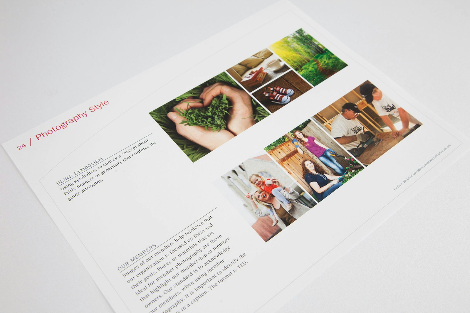 Interior pages of brand guidelines for Thrivent Financial showing the photography style standards.
