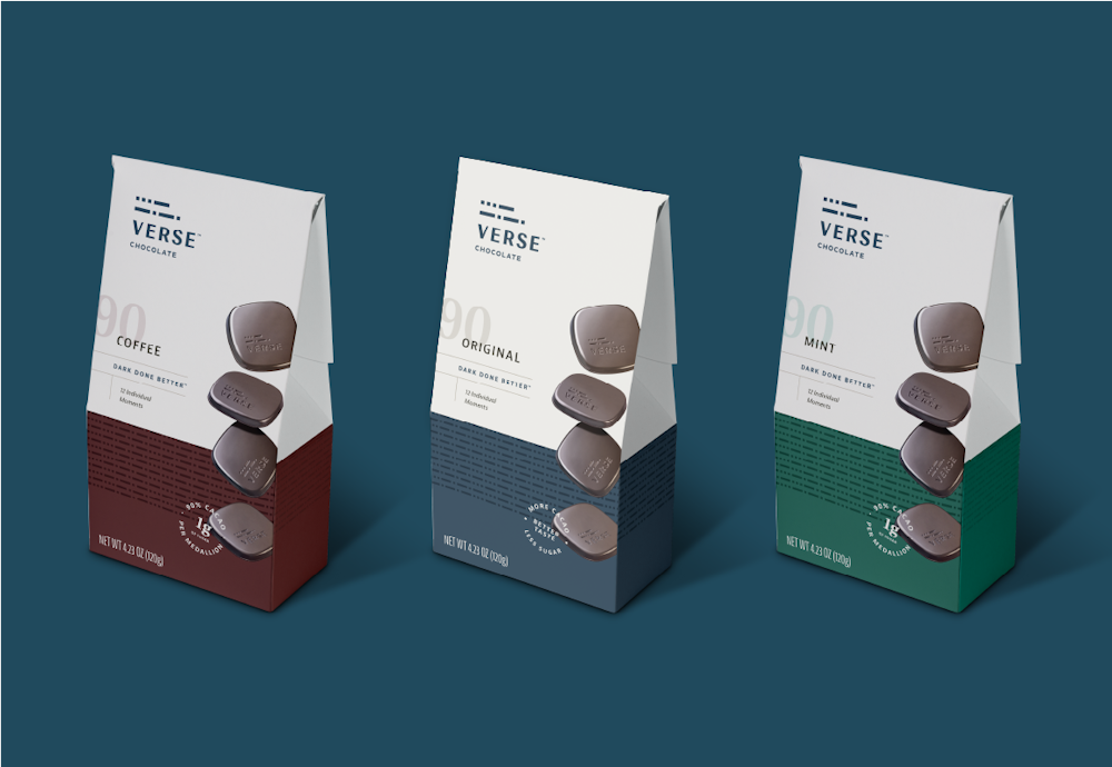Verse Chocolate brand packaging design with three packages of chocolate on green background.