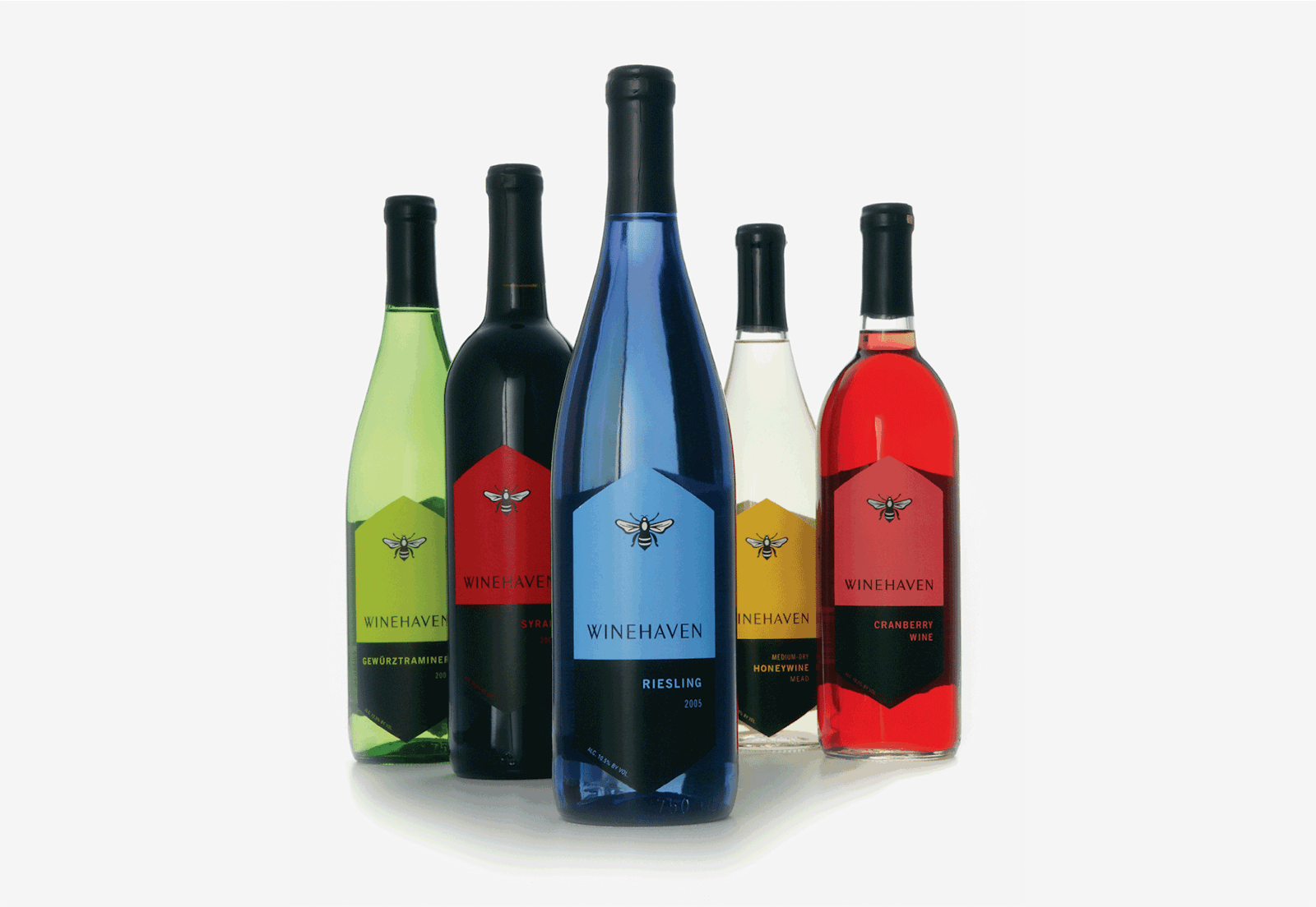 Five bottle label designs for flavors of Winehaven wine.