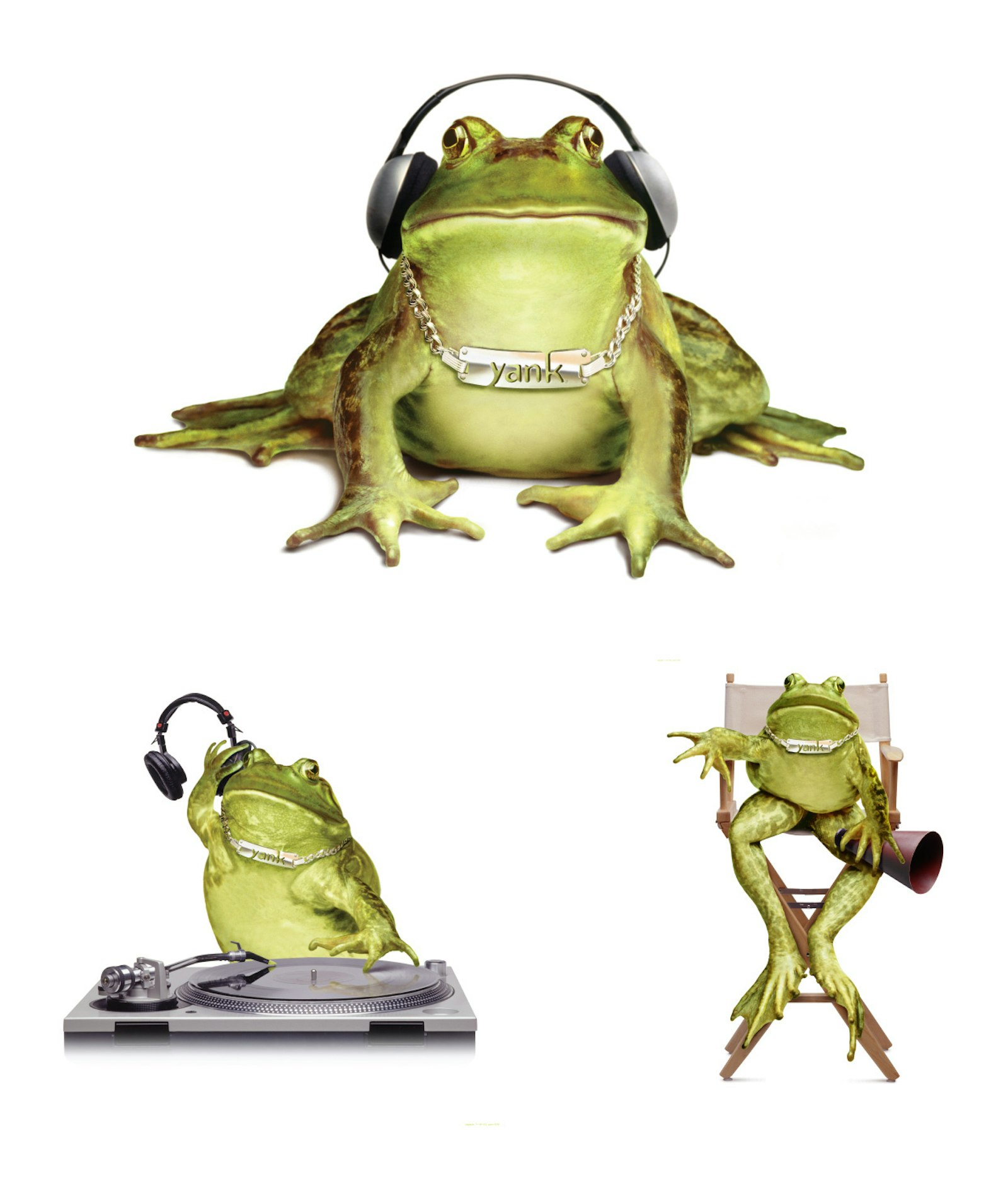 Yank branding with frog character listening with headphones, listening ot music and sitting in chair for promotion.