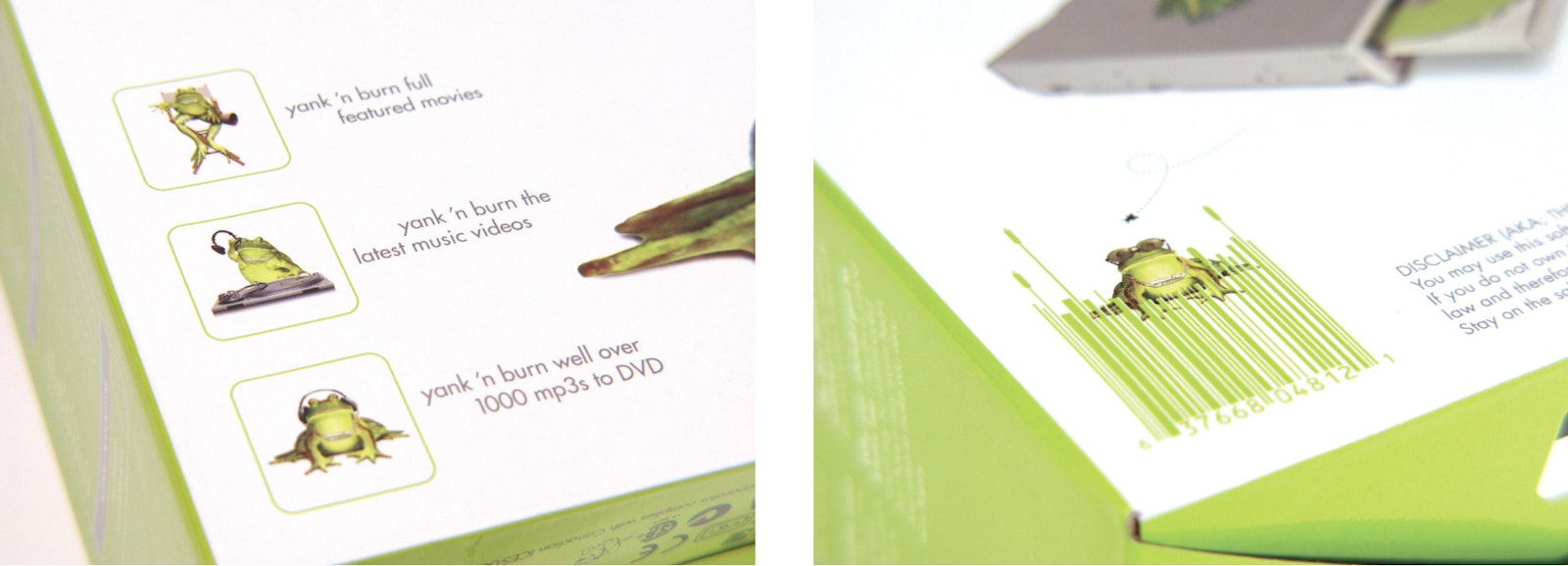 Yank packaging box design graphics with frog character instructions and bar code design.
