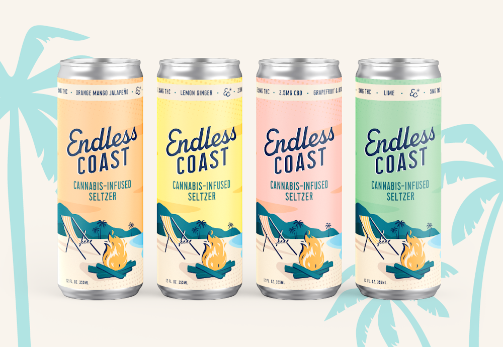 The Endless Coast brand THC seltzer drink by Curaleaf aluminum can design with four flavors.