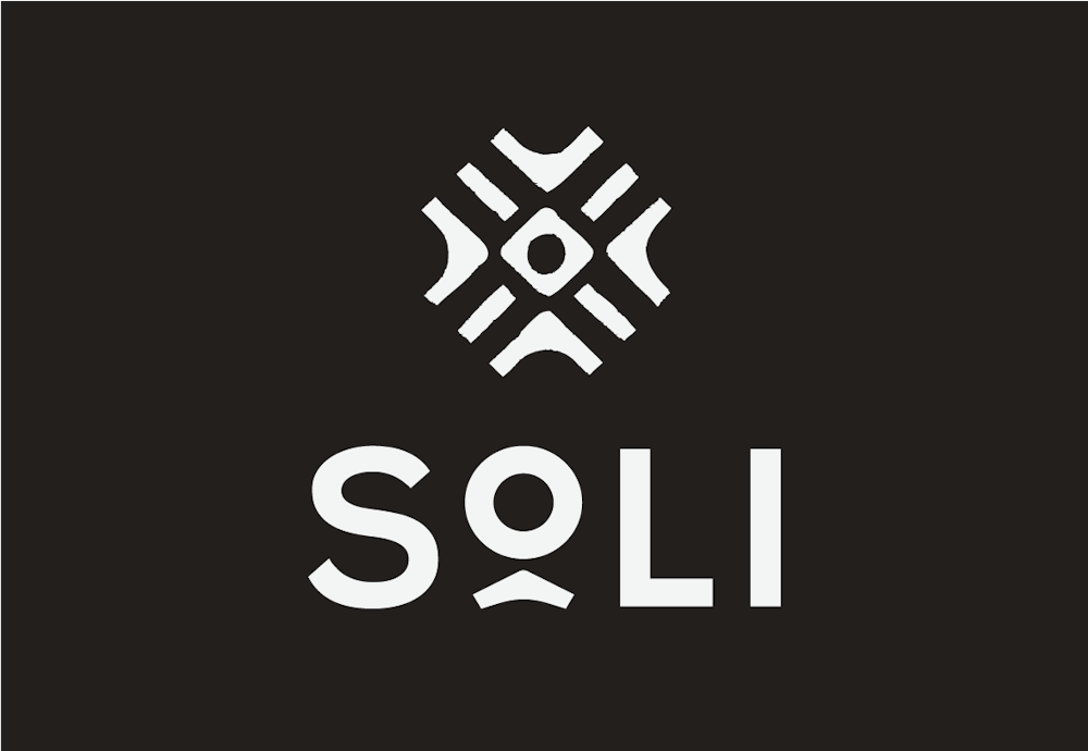 The Soli essential oils brand design logo in white on black background.