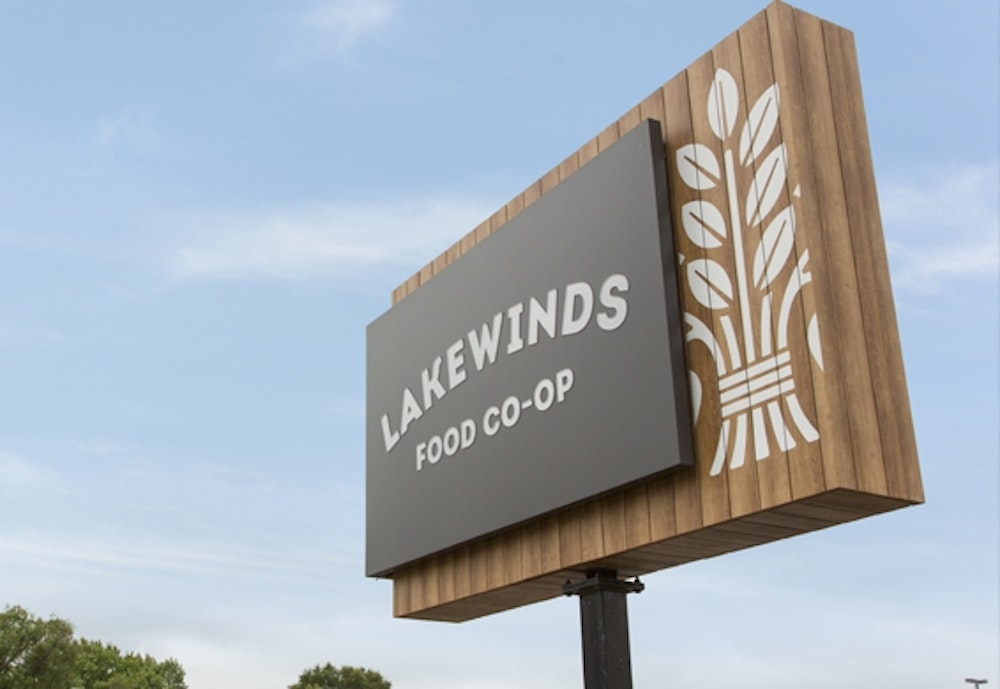 The Lakewinds retail brand design signage for natural and organic food store.