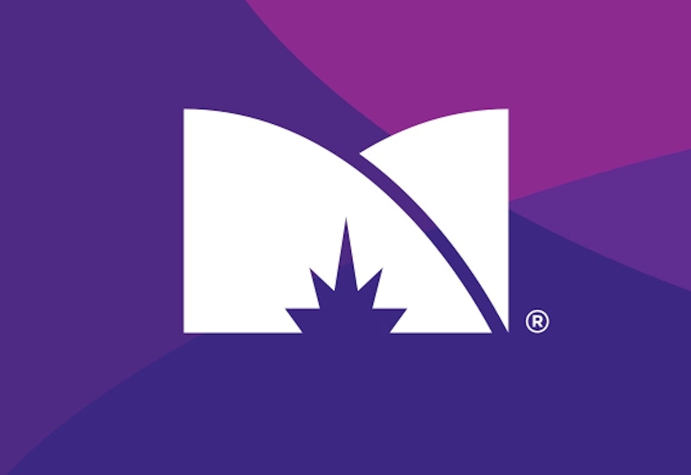 Minneapolis College brand design logo in white over purple background pattern.