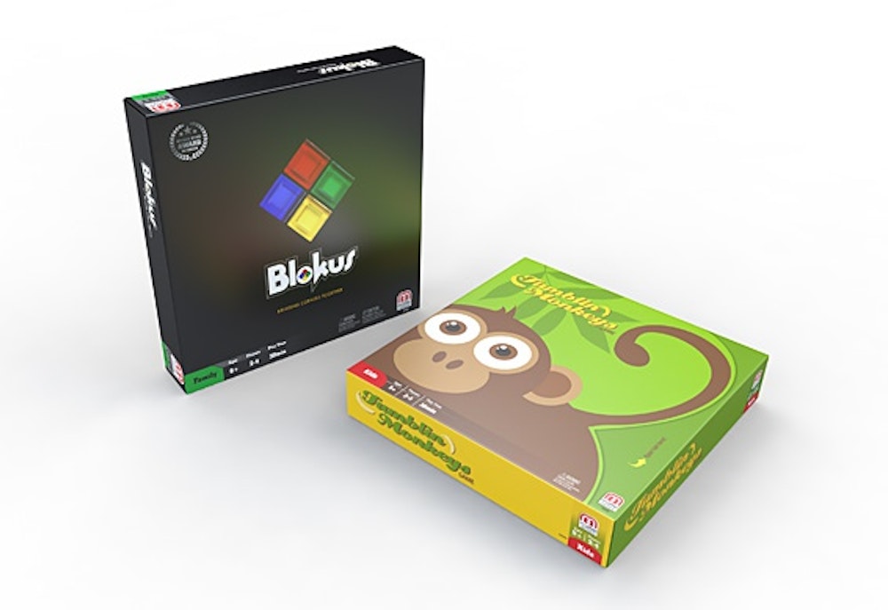 Two designed game packages for Mattel, branded for Blokus and Tumblin' Monkeys.