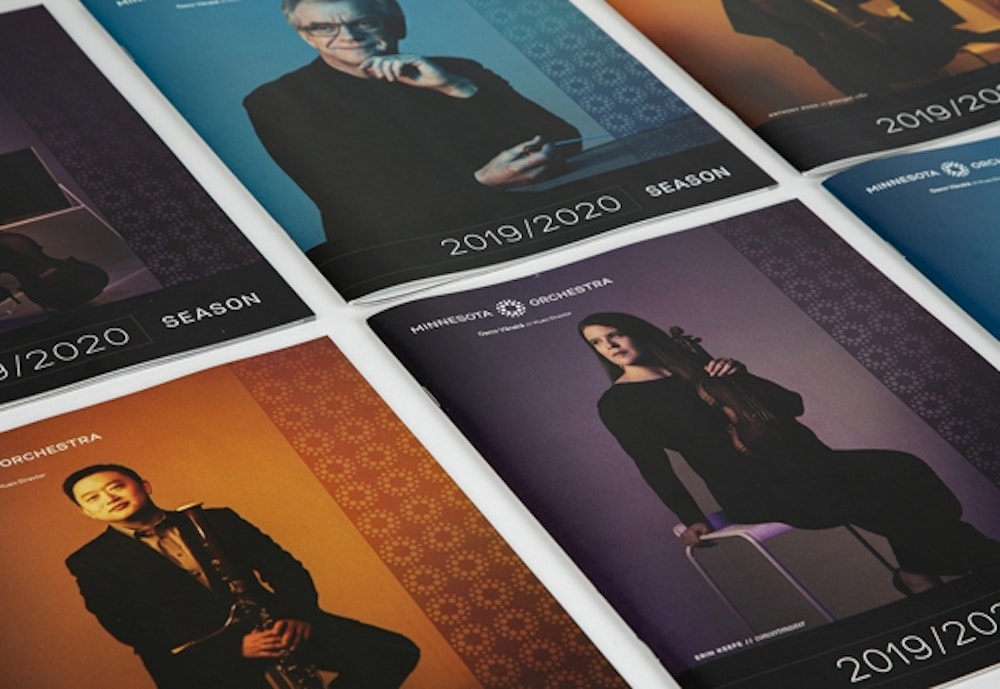 The Minnesota Orchestra brand visual identity system design photography of musicians on colors.