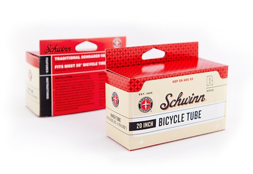 A front and back view for Schwinn packaging design for bicycle tube product.