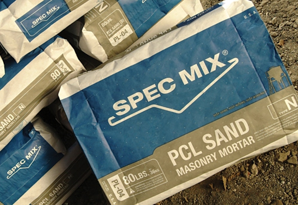 Spec Mix logo and branding on masonry mortar packaging.