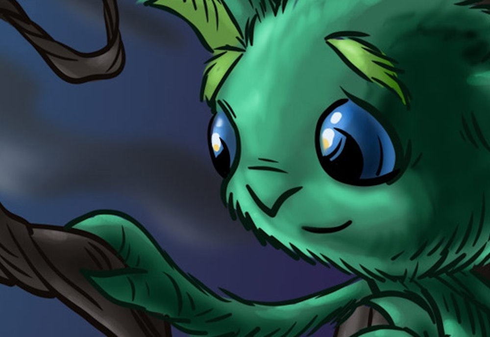 A Sugar Goblin animated character holding a tree branch and looking down at something.
